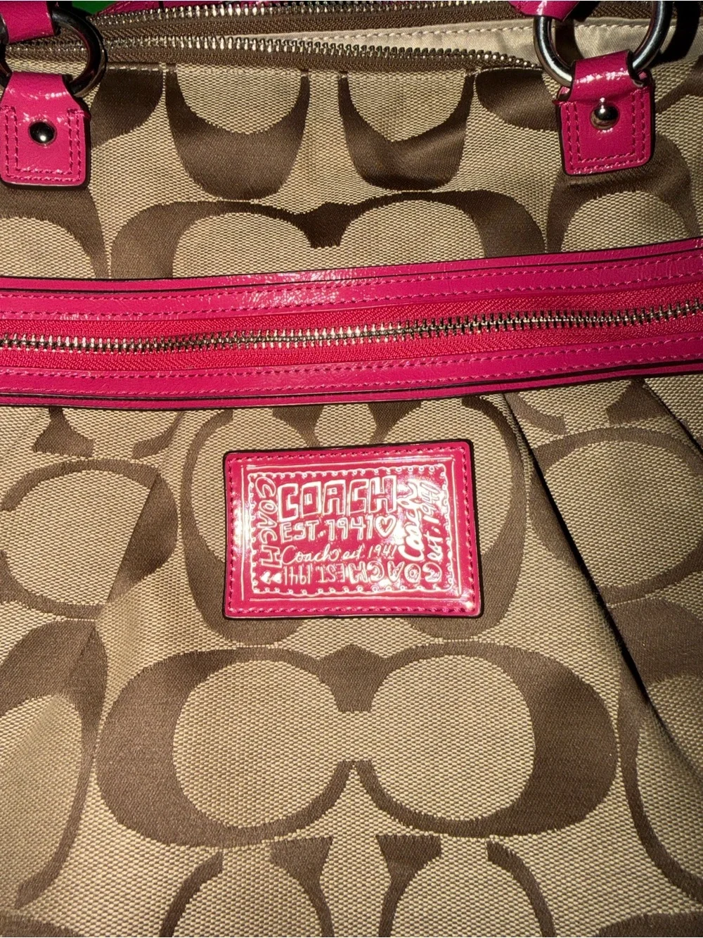 Coach Tan Signature Canvas Tote with Hot Pink Trim